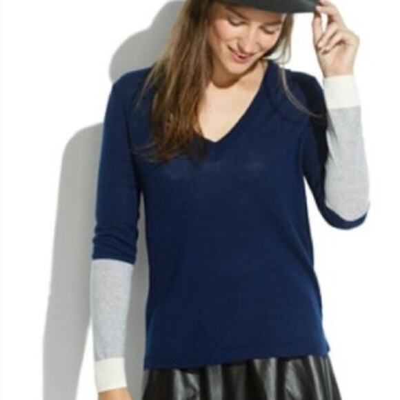 Madewell V Neck Colorblock Arm Wool Sweater Blue Gray Cream Size L - Picture 1 of 8